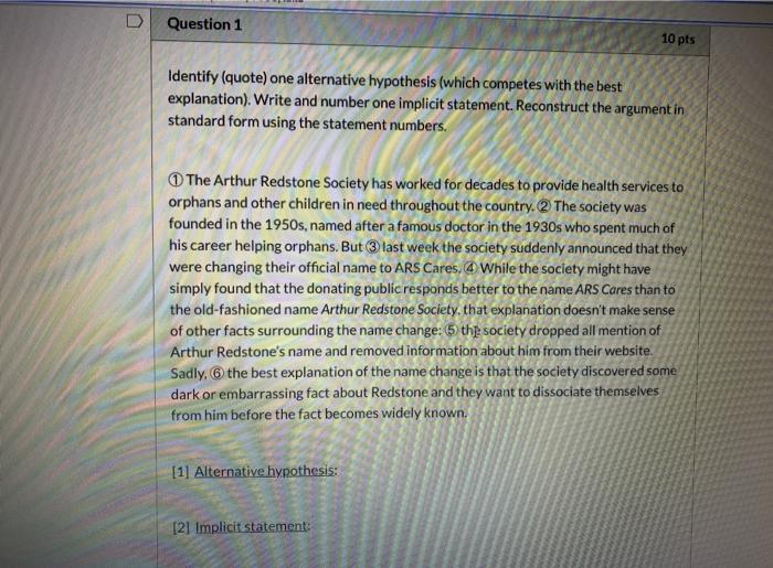 Question 1 10 pts Identify (quote) one