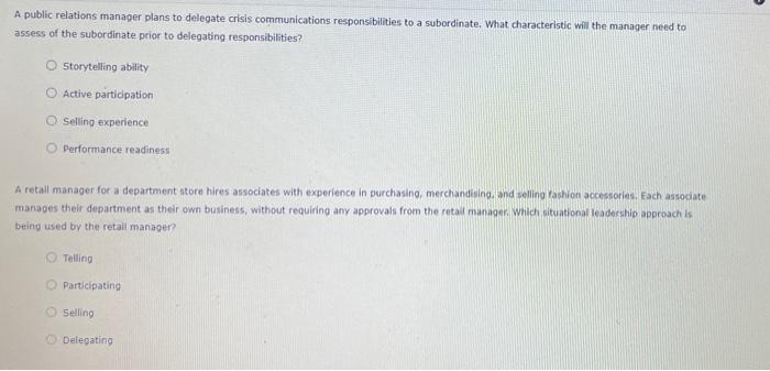 A public relations manager plans to delegate