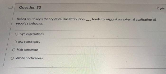 D Question 30 2 pts - Based on Kelley's theory of