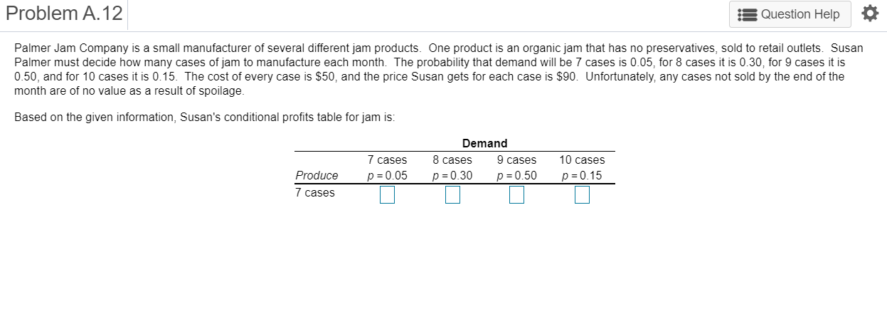 Problem A. 12 Question Help Palmer Jam Company is