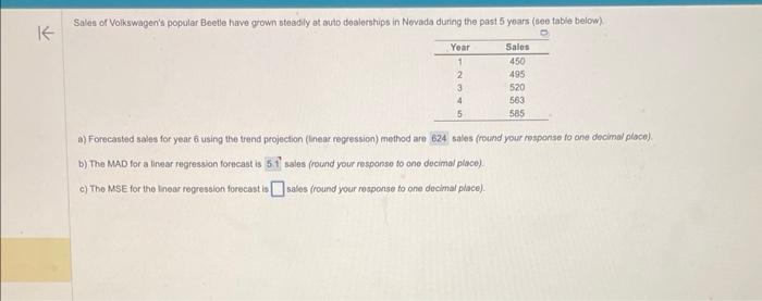 a) Forecasted sales for year 6 using the trend