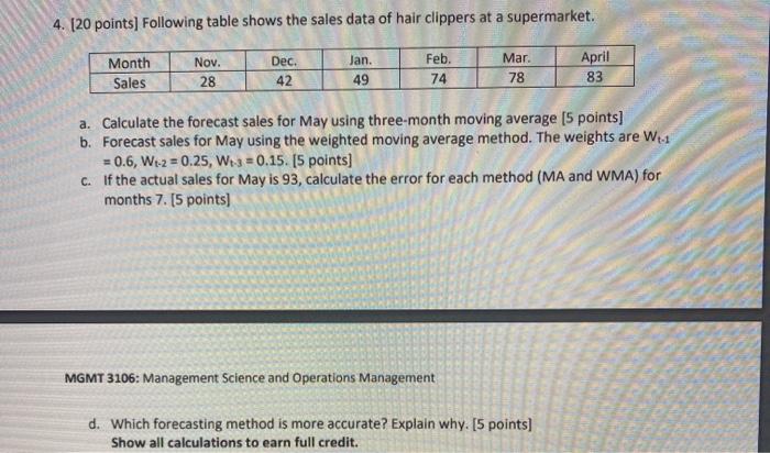 4. [20 points] Following table shows the sales