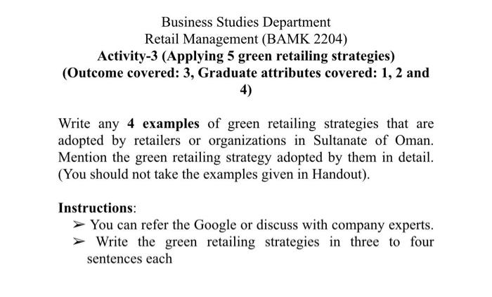 Business Studies Department Retail Management