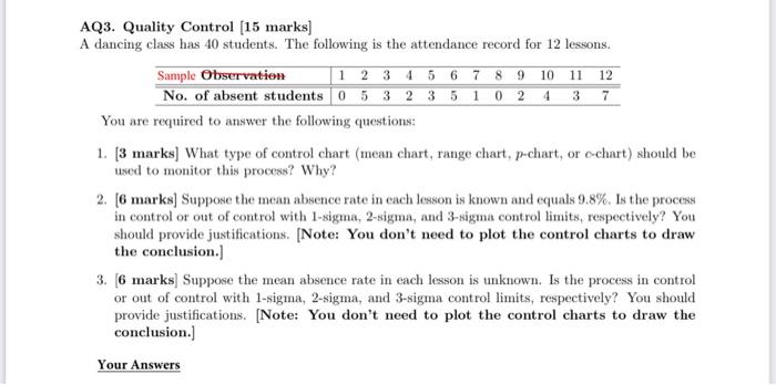 AQ3. Quality Control [15 marks] A dancing class