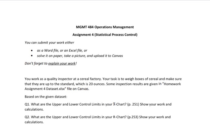 MGMT 484 Operations Management Assignment 4