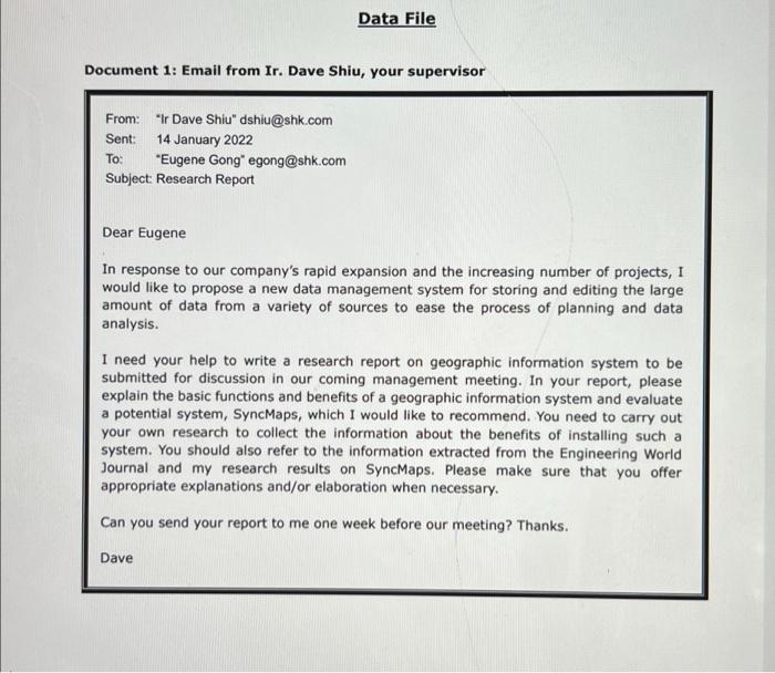 Task You are Eugene Gong, an Engineering Trainee