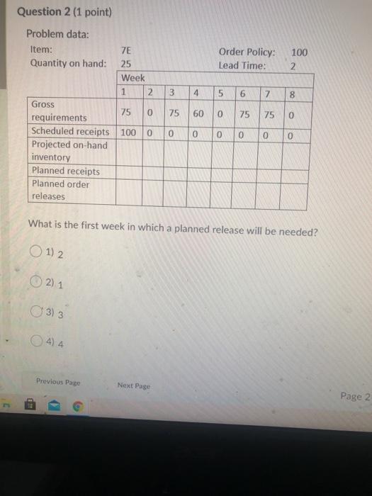 Question 2 (1 point) Order Policy: Lead Time: 100