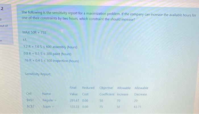 -2. The following is the sensitivity report for a