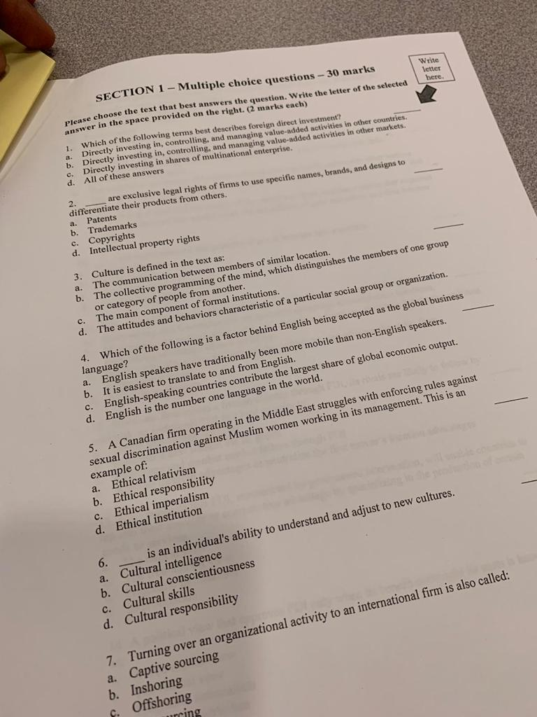 Write letter bere SECTION 1 - Multiple choice
