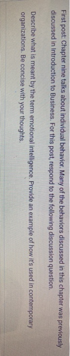 First post: Chapter nine talks about individual