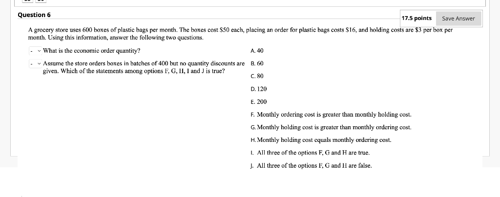 Question 6 17.5 points Save Answer A grocery