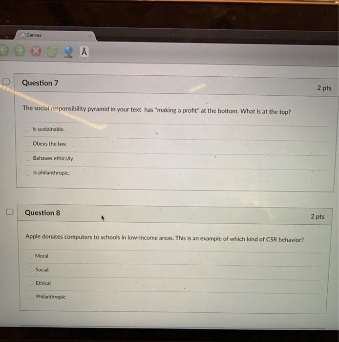 Canvas Question 7 2 pts The social responsibility