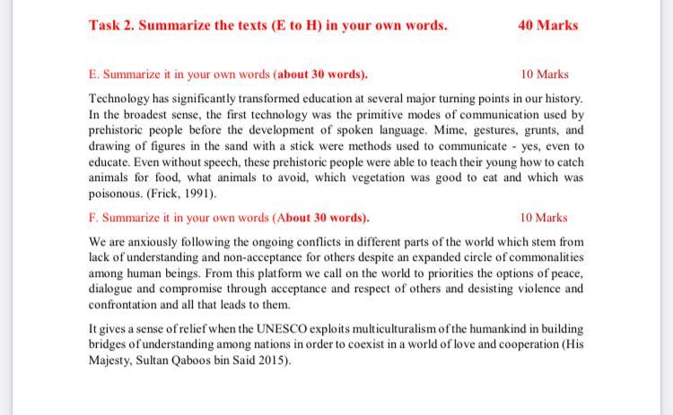 Task 2. Summarize the texts (E to H) in your own