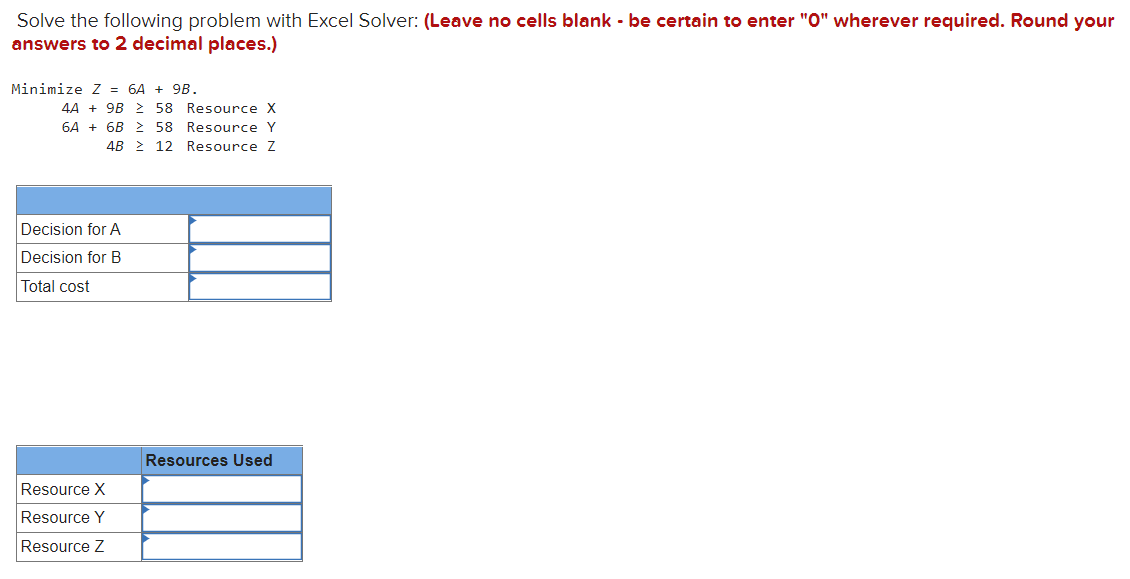 Solve the following problem with Excel Solver: