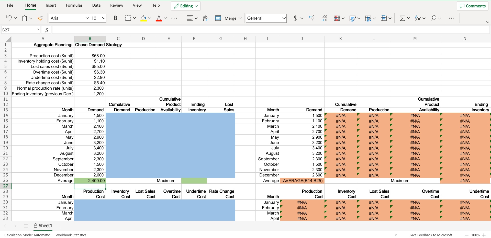 Excel Online Activity: Aggregate Planning - Chase