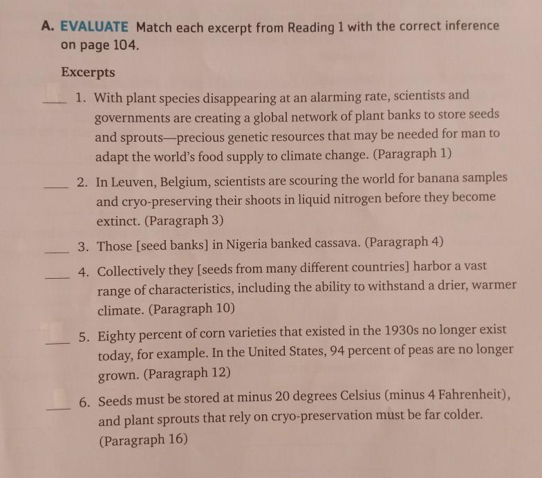 A. EVALUATE Match each excerpt from Reading 1
