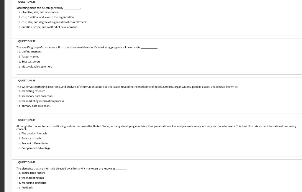 QUESTION 36 Marketing plans can be categorized by