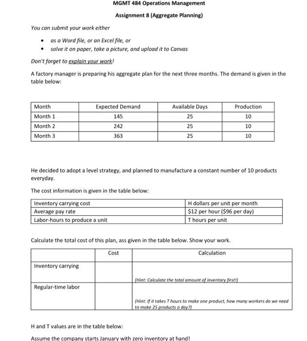 H=2, T=2 MGMT 484 Operations Management