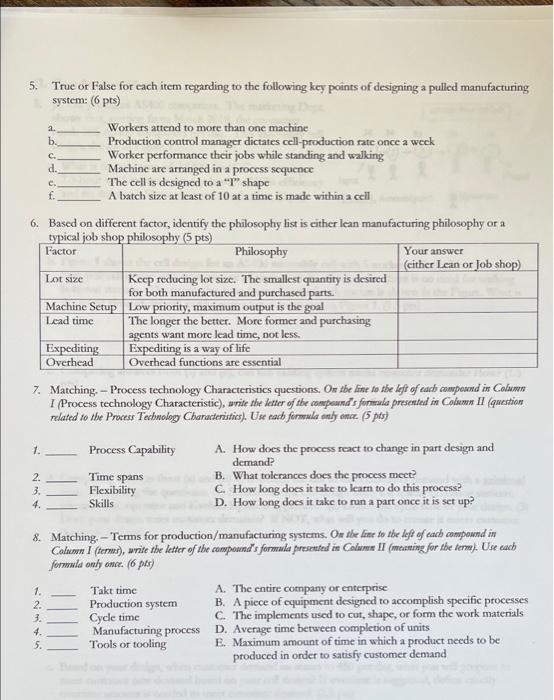 5. True or False for each item regarding to the