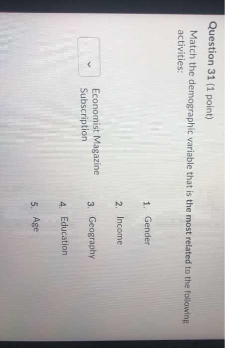 Question 31 (1 point) Match the demographic