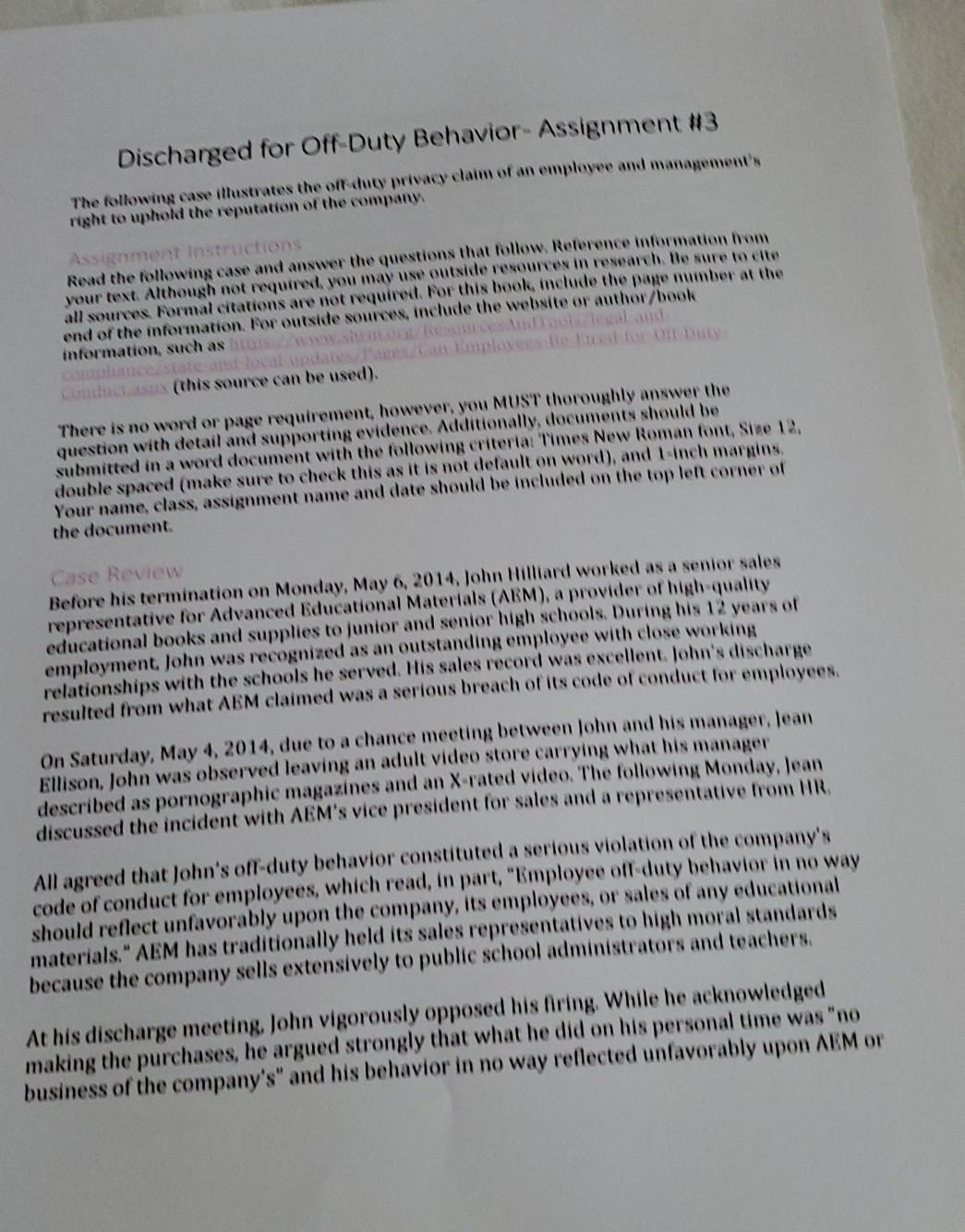 Discharged for Off Duty Behavior - Assignment #3