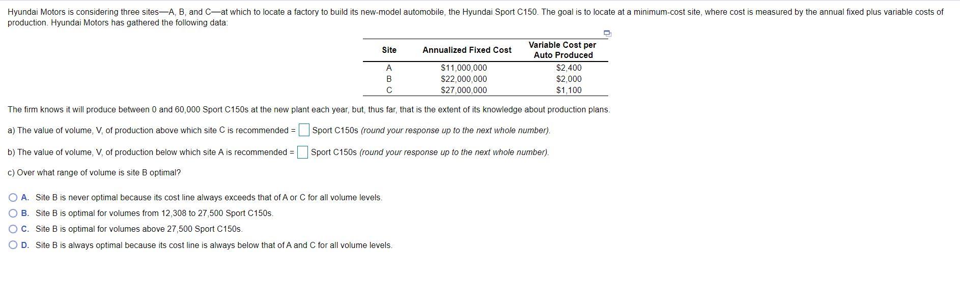 Hyundai Motors is considering three sitesA, B,