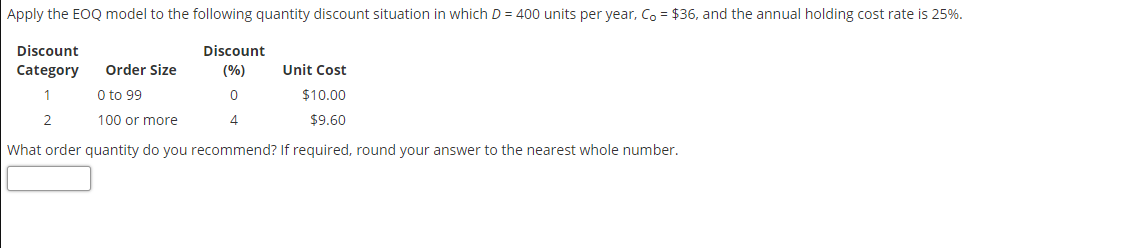 Apply the EOQ model to the following quantity