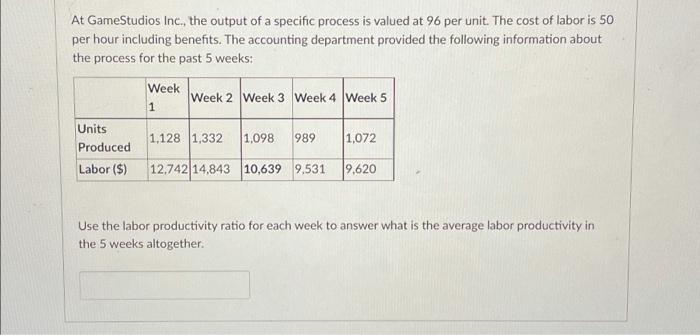 At GameStudios Inc., the output of a specific