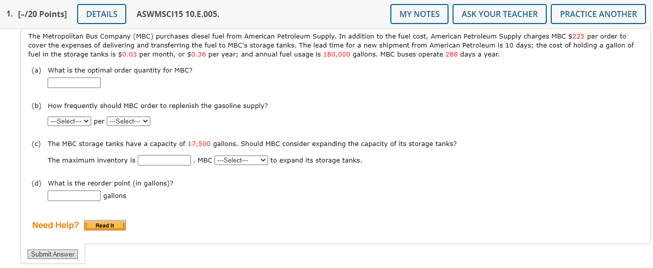 1. [-/20 Points] DETAILS ASWMSCI15 10.E.005. MY