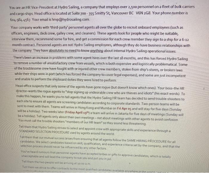 You are an HR Vice-President at Hydro Sailing, a