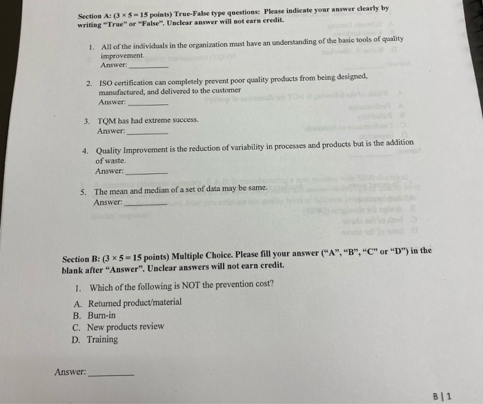Section A: (3 x 5 15 points) True-False type