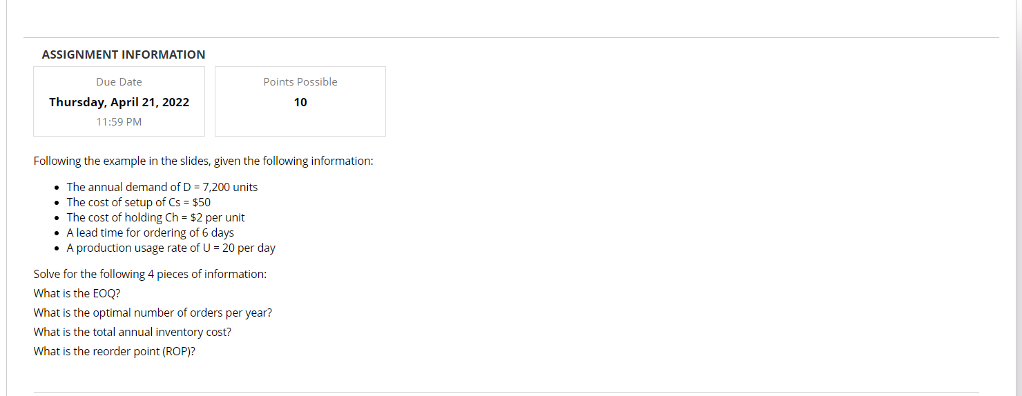 ASSIGNMENT INFORMATION Points Possible Due Date