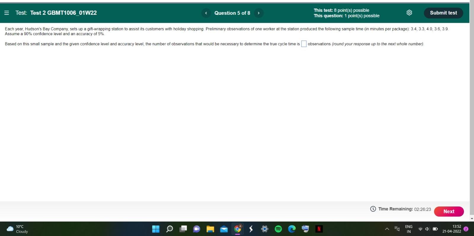 E Test: Test 2 GBMT1006 01W22 Question 5 of 8