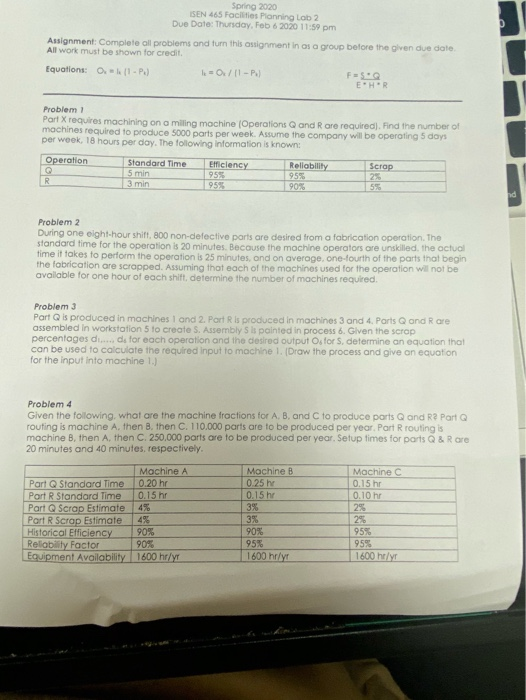 Spring 2020 SEN 465 Facilities Planning Lab 2 Due