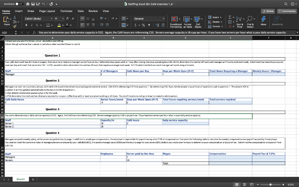 Staffing Excel Biz Cafe Exercise 1_4 Review view