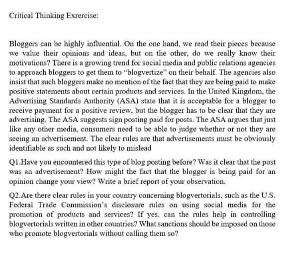 Country: Pakistan Critical Thinking Exrercise: