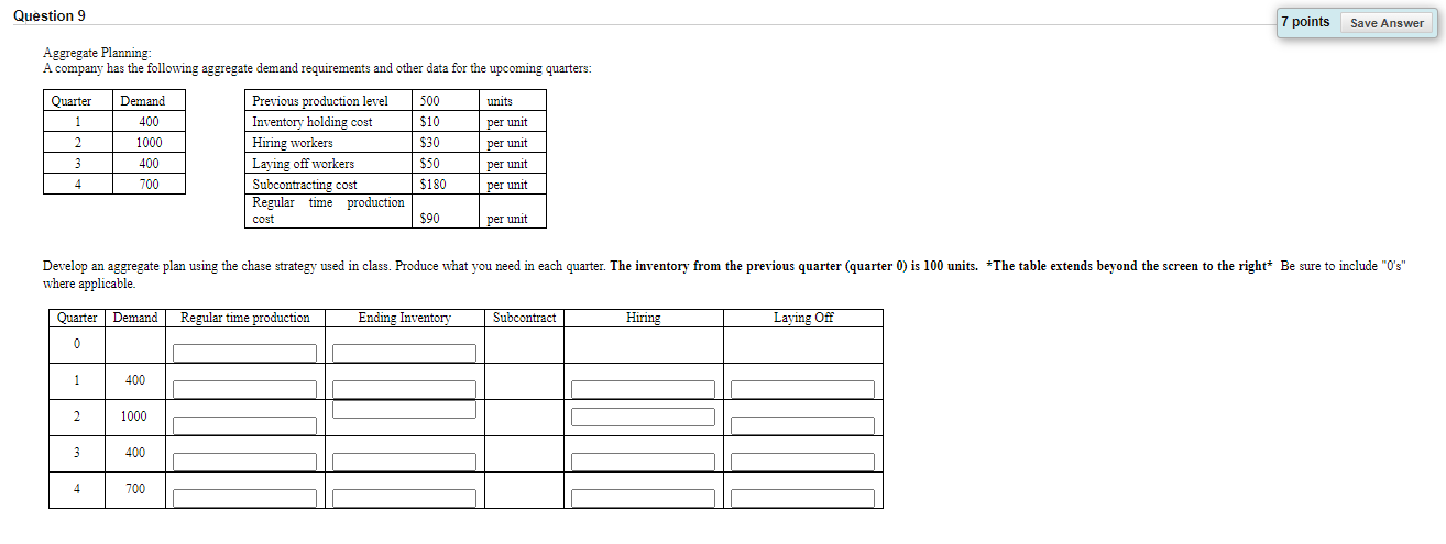 Question 9 7 points Save Answer Aggregate