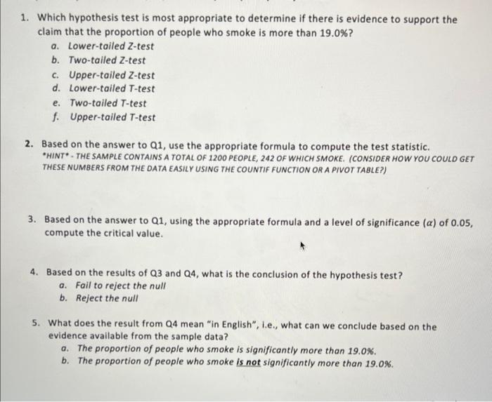 1. Which hypothesis test is most appropriate to