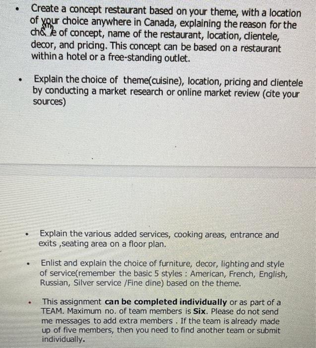 - Create a concept restaurant based on your