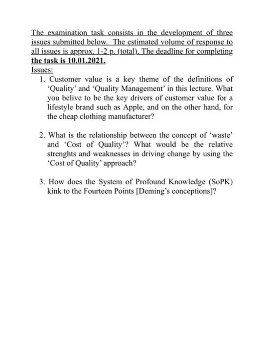 The examination task consists in the development