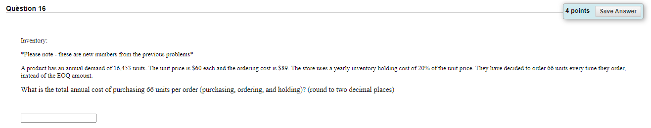 Question 16 4 points Save Answer Inventory:
