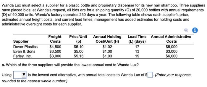 please help Wanda Lux must select a supplier for