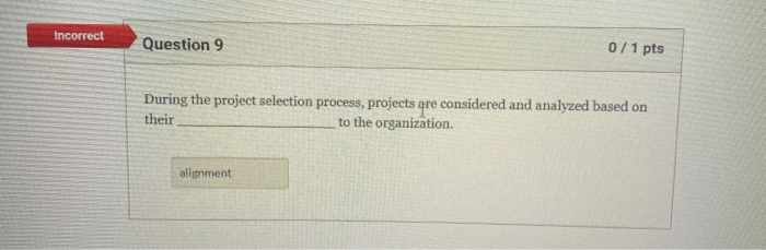 Incorrect Question 9 0/1 pts During the project