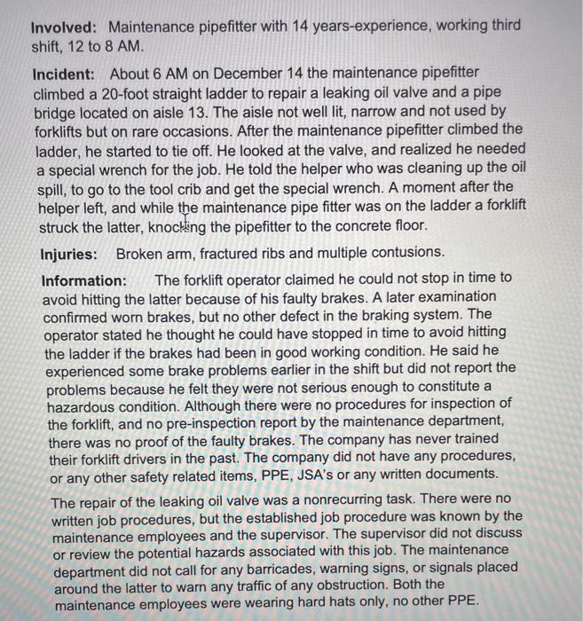 Involved: Maintenance pipefitter with 14