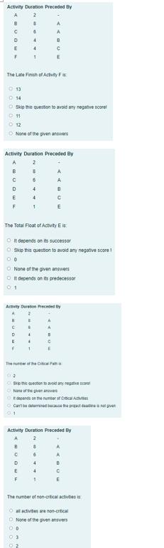 answerrs only, no steps Activity Duration