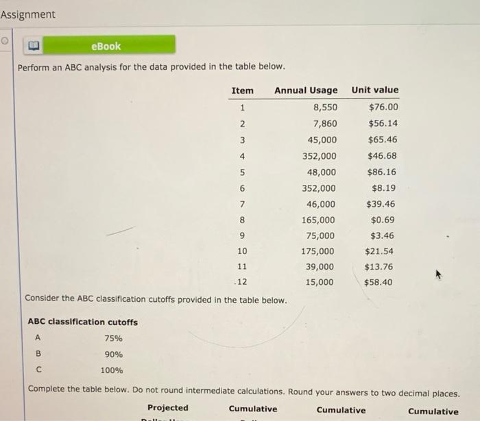 Assignment eBook Perform an ABC analysis for the