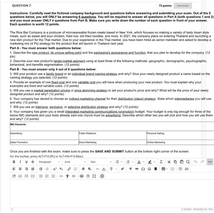 QUESTION 7 72 points Save Answer Instructions: