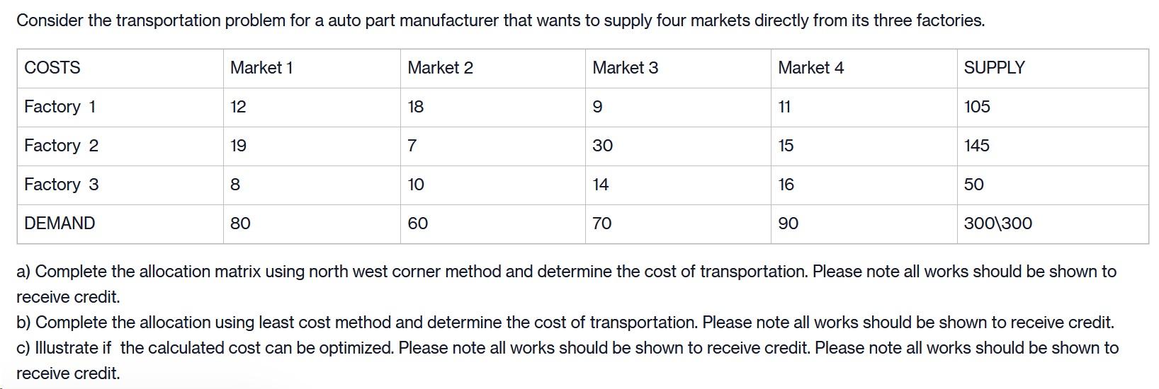a) Complete the allocation matrix using north