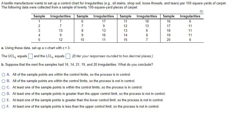 A textile manufacturer wants to set up a control