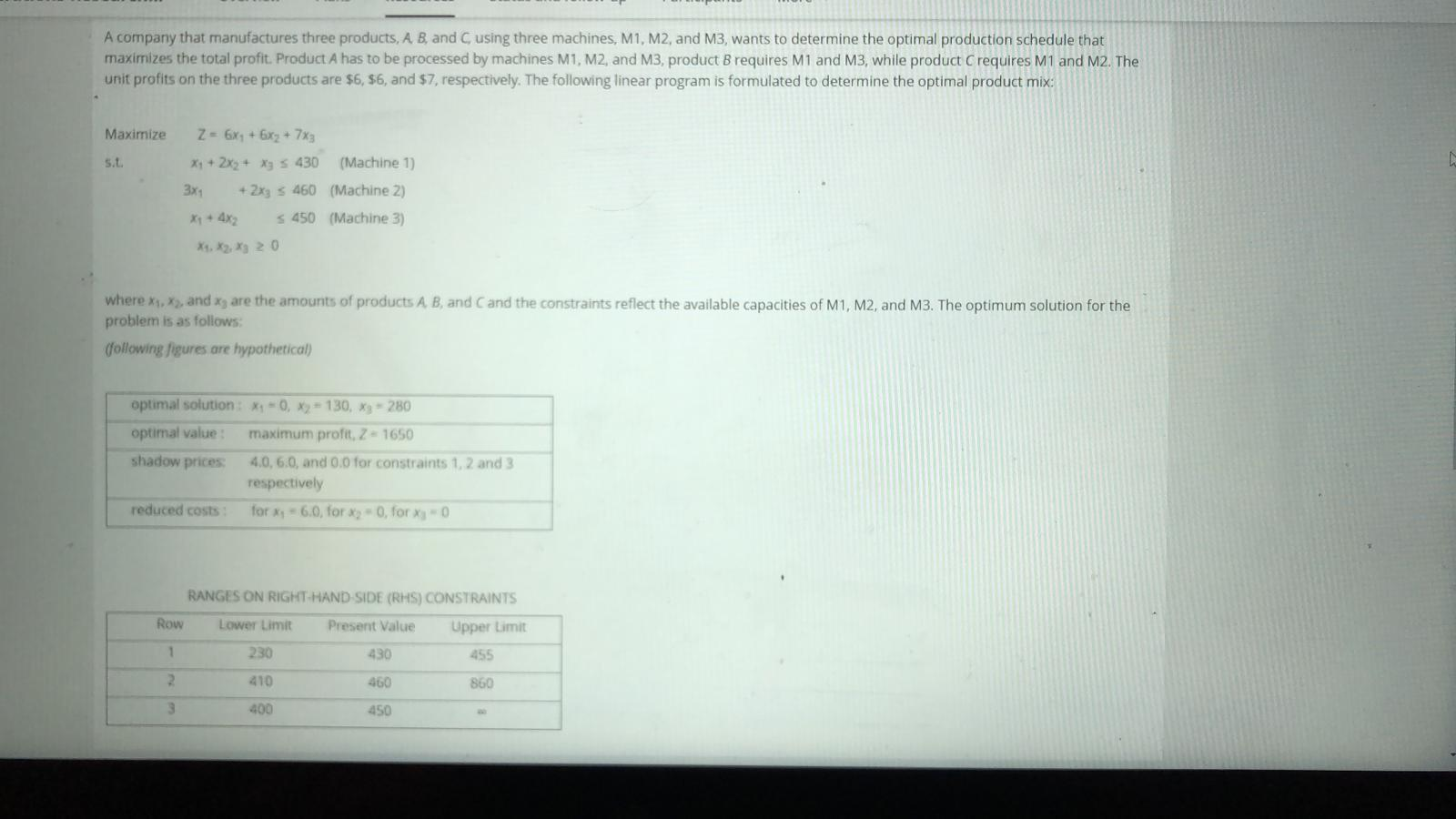 A company that manufactures three products, A B,